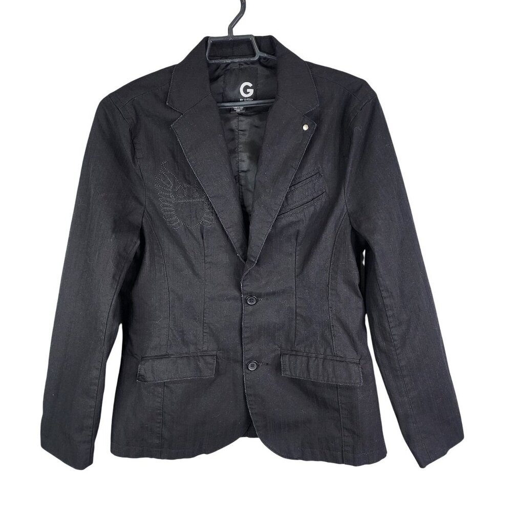 Mens Black G by Guess Blazer Jacket 2 Button Graphic Back 100% Cotton Size L